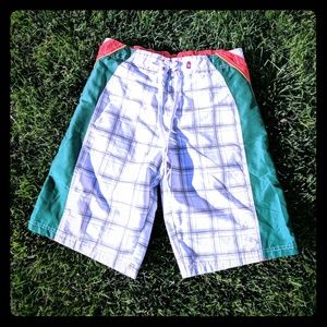 Red stripe men's boys swim trunks L